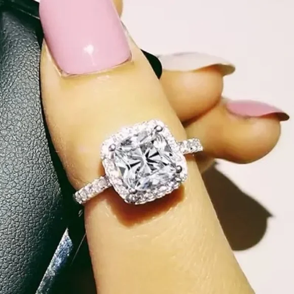 New 925 Silver Square Diamond Engagement Ring - Picture 1 of 6